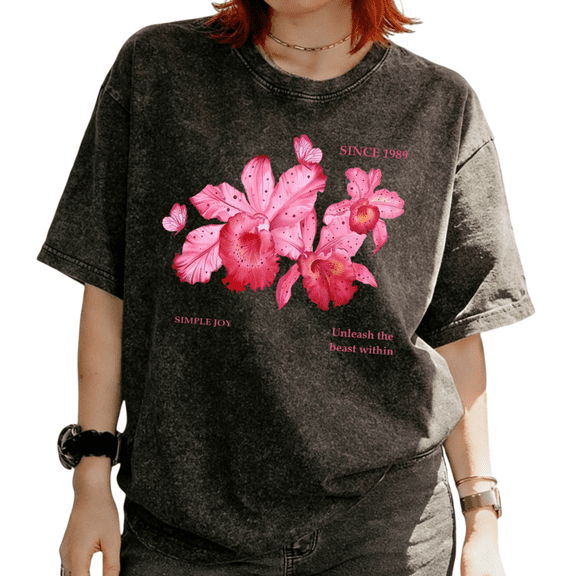 Vintage Orchid Graphic Cotton Tees T-shirt Butterfly Since 1989 Tops Short Sleeve Round Neck Black S-2XL Plus Size