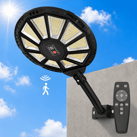 DAYBETTER LED Solar Street Lights Outdoor, Motion Sensor and Remote Control, Adjustable Brightness Flood Lights for Yard Pathway Farm Garden