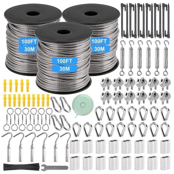Wire Rope Kit,Steel Wire,300FT （90M）Turnbuckles,Vinyl Coated Stainless Steel for Outdoor,Garden,Kitchen,Craft with Turnbuckle