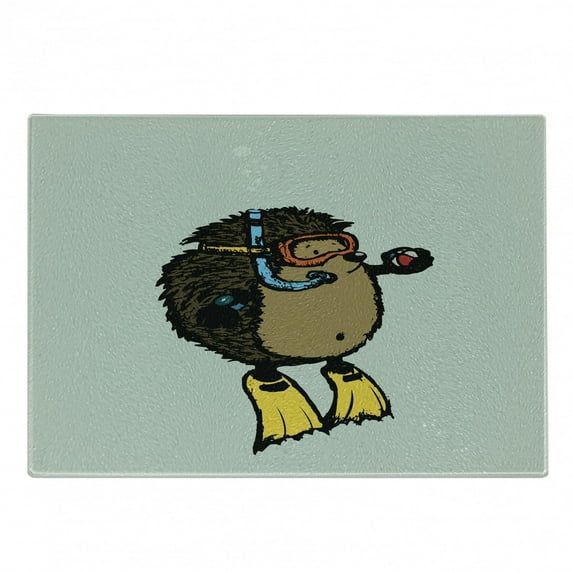Animal Cutting Board, Cartoon Scuba Diver Hedgehog Illustration Funny Sea Life Themed, Decorative Tempered Glass Cutting and Serving Board, Small Size, Pale Blue Yellow, by Ambesonne