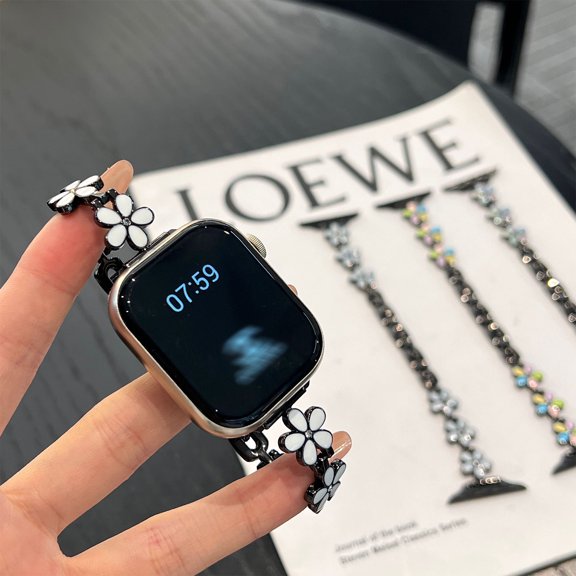 Metal Bracelet for Apple Watch Band Women 38/40/41/42mm(S11 S10), Stylish Floral Design Dressy Replacement Strap for iWatch SE 3/2/1 & Series 11/10/9/8/7/6/5/4/3/2/1, White Black