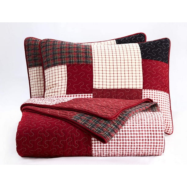 Chezmoi Collection 2Piece Plaid Patchwork Cotton Quilt Bedspread Set