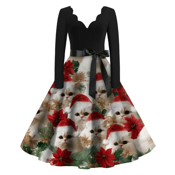 Women's Casual Fashion Christmas Holiday Print V-neck Vintage Dress for Retro Style and Party Occasions, Comfortable Women's Long Sleeve Holiday Dress,Khaki,S