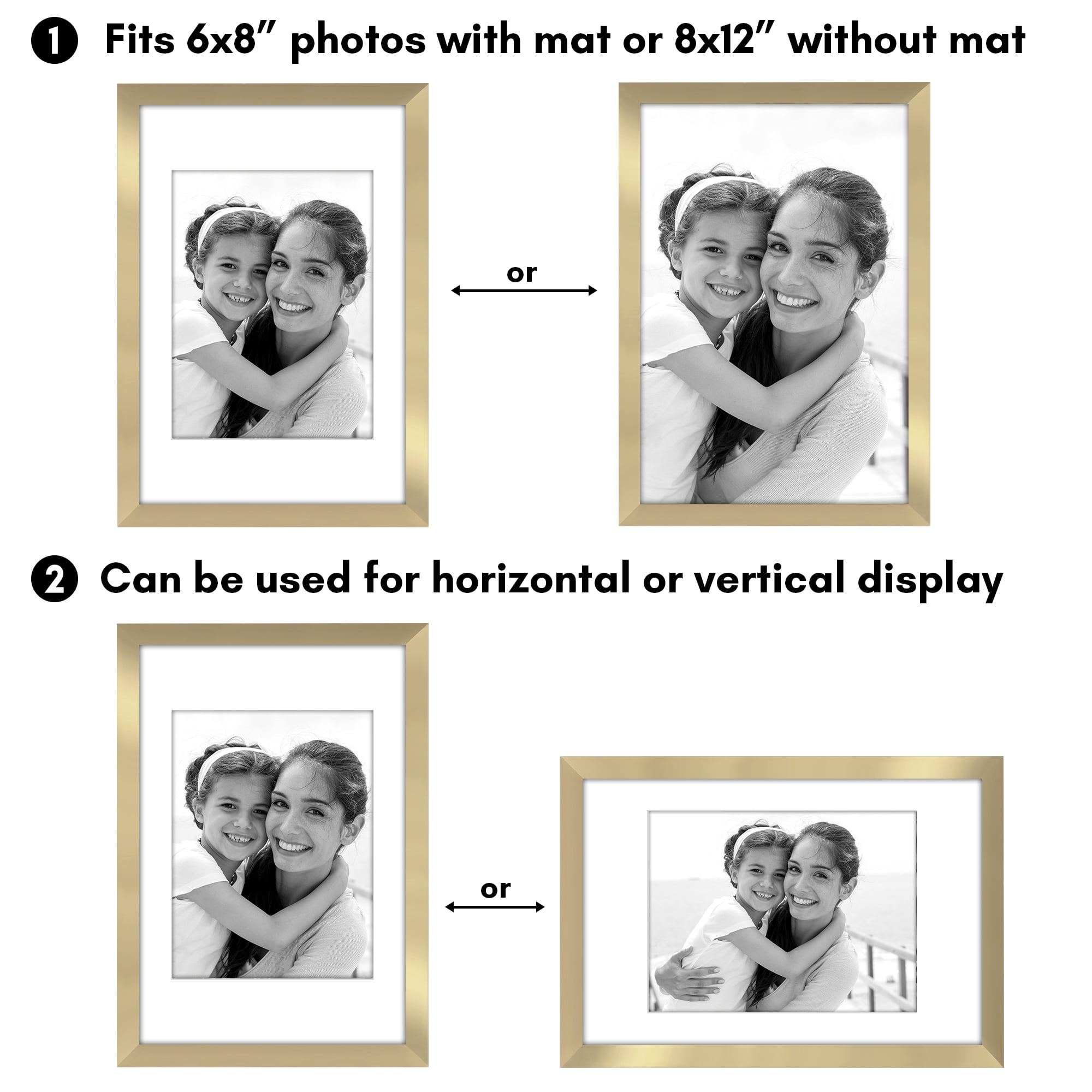 Americanflat 8x12 Picture Frame with Polished Plexiglass with 6x8 Mat 5 Pack Display Photo Galleria - Gold