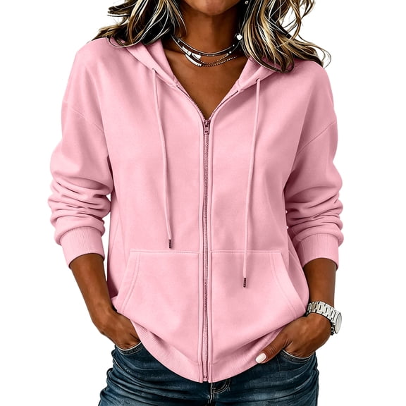 Womens Zip Up Hoodies with Pockets Fall Winter Casual Long Sleeve Hooded Sweatshirts Y2k Travel Jacket Pink L