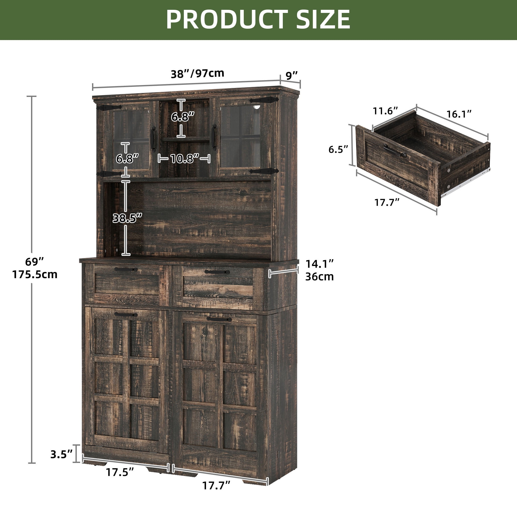 Uforic Kitchen Pantry Cabinet with Doors & Drawers, Storage Cabinet Fits 10-gal Trash Can, Rustic Oak