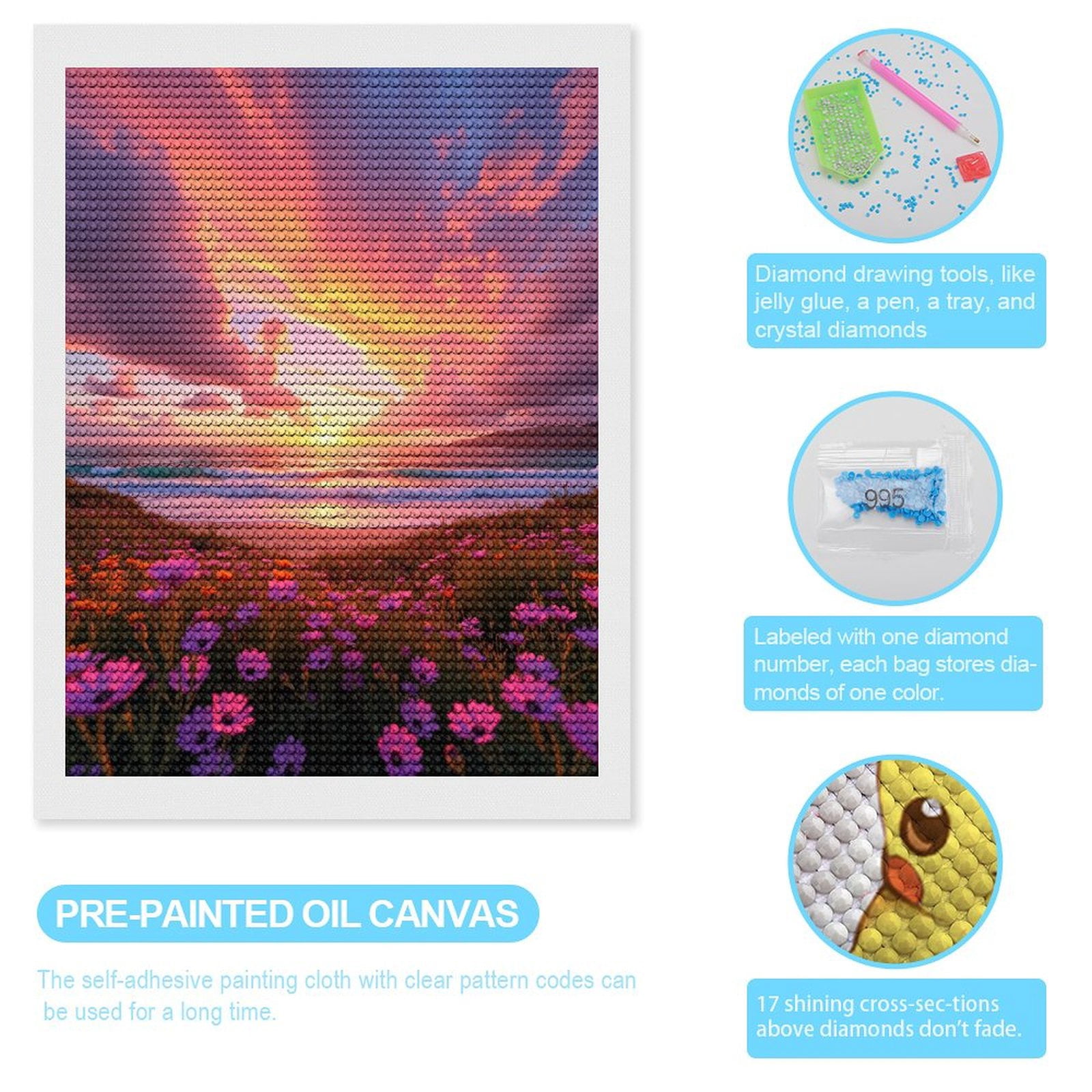 Diamond Art Kits for Adults, Sunset Beach Flowers Sky Ocean 5D Diamond Painting Kits for Adults Beginners, DIY Full Drill Diamond Painting, Gem Art and Crafts 12x16