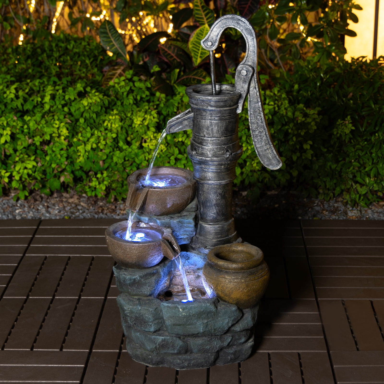 Alukang 32 Inch Outdoor Waterfall Fountain with Vintage Pump, Garden Water Fountains with LED Lights for Patio Lawn Backyard, Gray