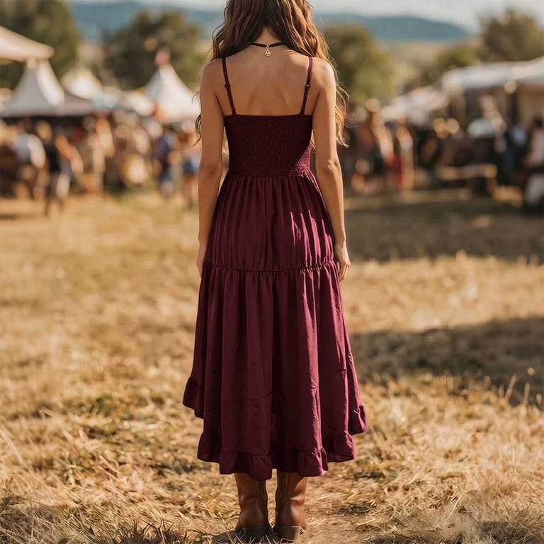boho ruffle maxi dress Ethereal Bohemian Ruffle Neck Chiffon Maxi Dress for Tropical Getaways & Boho Beach Vacations brown S-M