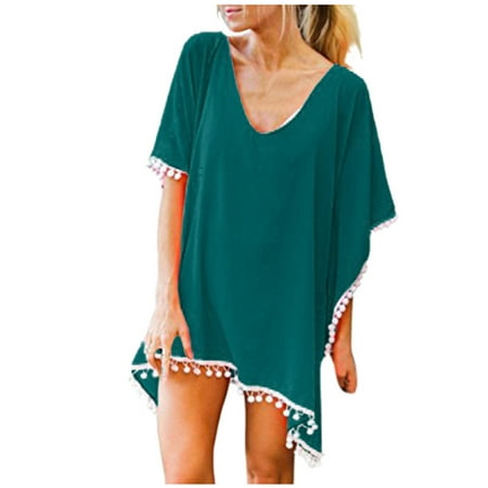 Puntoco Womens swimsuits clearance Women S Bikini Cover Up Tops Trim Kaftan Chiffon Tassels Swimwear Beach Loose Green