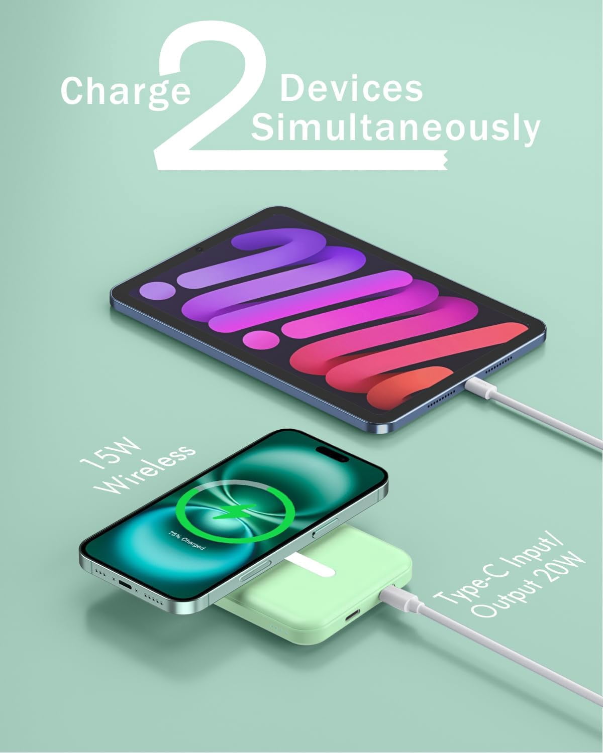 General for Magsafe Battery Pack, 5000mAh Magnetic Power Bank with Type-C Cable 20W PD Fast Charging Lighting Input Wireless Portable Charger for iPhone 17/16/15/14/13/12/ All Series-Green