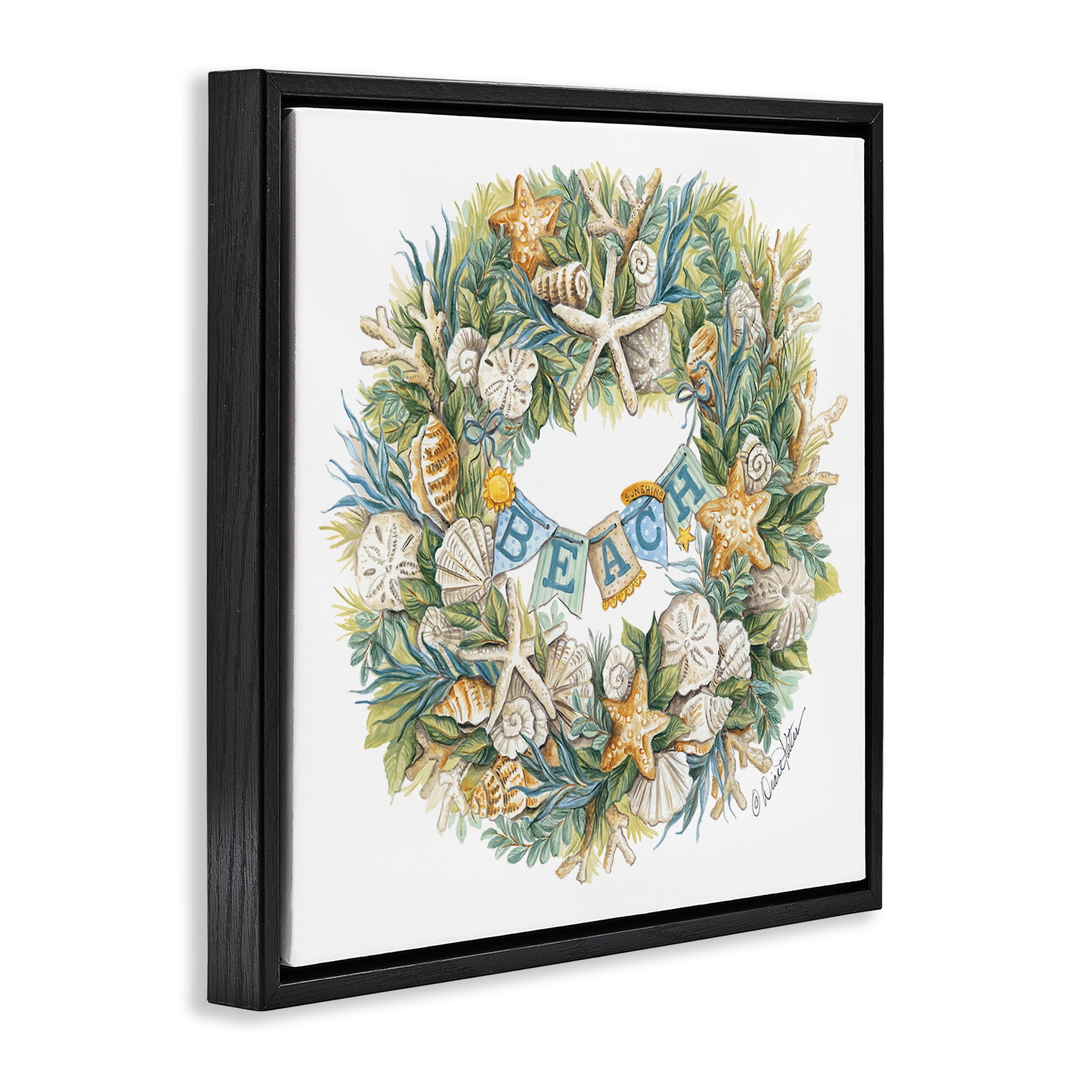 Stupell Industries Holiday Beach Seashell Wreath Holiday Painting Black Floater Framed Canvas Art Print Wall Art, 18 x 18