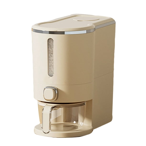 Dispensador de arroz para cocina, diseño de prensa, contenedor de arroz, contenedor de almacenamiento de alimentos, cubo dispensador de cereales para el hogar con taza pequeña, 18 x 34 x 31,5 cm