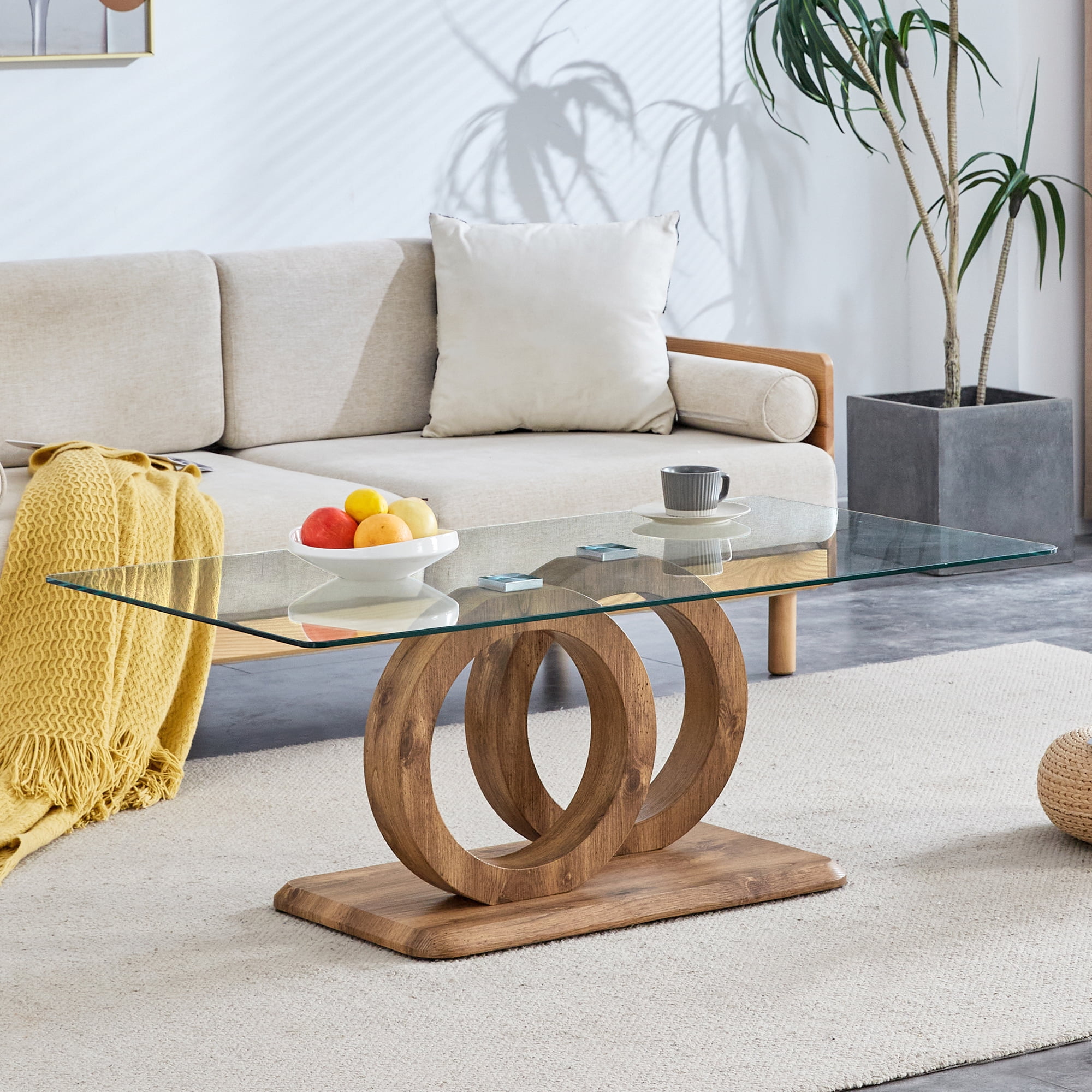 TesNus Modern Style Rectangle Glass Coffee Table for Living Room, Office,47.2" Stylish Center Table with MDF Base, Clear Tempered Glass (Natural)