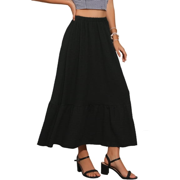 DARING DIVA Women's Elastic High Waist Flowy Tiered A-Line Summer Maxi Skirt XL Black
