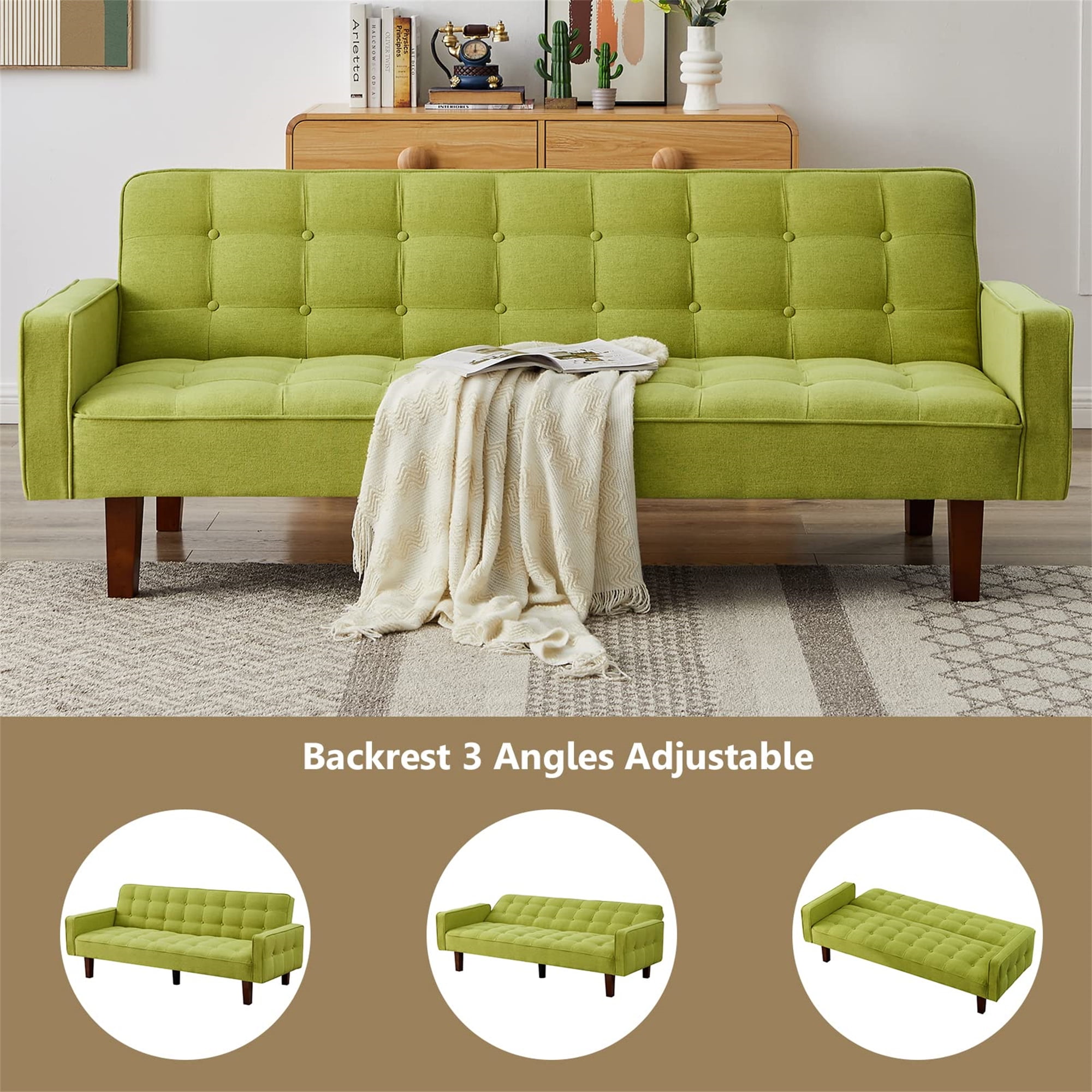 Aukfa 74" Square Arm Futon Convertible Sofa Bed for Home Office, Button-Tufted Back, Light Green