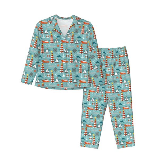 Fotbe Sea Lighthouse Conjunto de Pijama de Manga Larga para Mujer con Estampado, Ropa de Dormir de 2 Piezas, Conjunto de Casa Suave y Cómodo con Bolsillos-X-Large