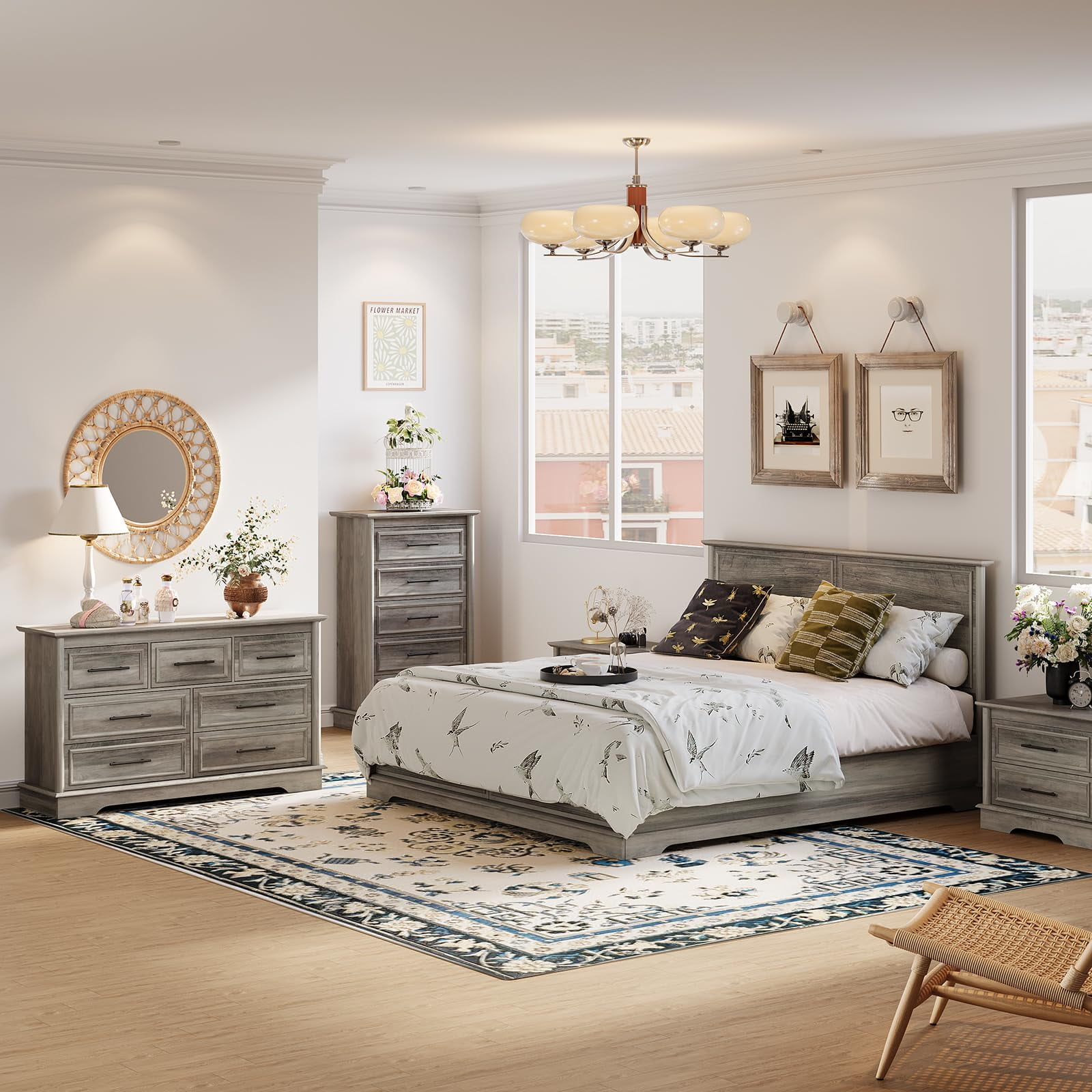 Holliwill 7 Drawers Dresser for Bedroom, Farmhouse 54" Wide Dresser Wood Chest of Drawers for Living Room, Rustic Grey