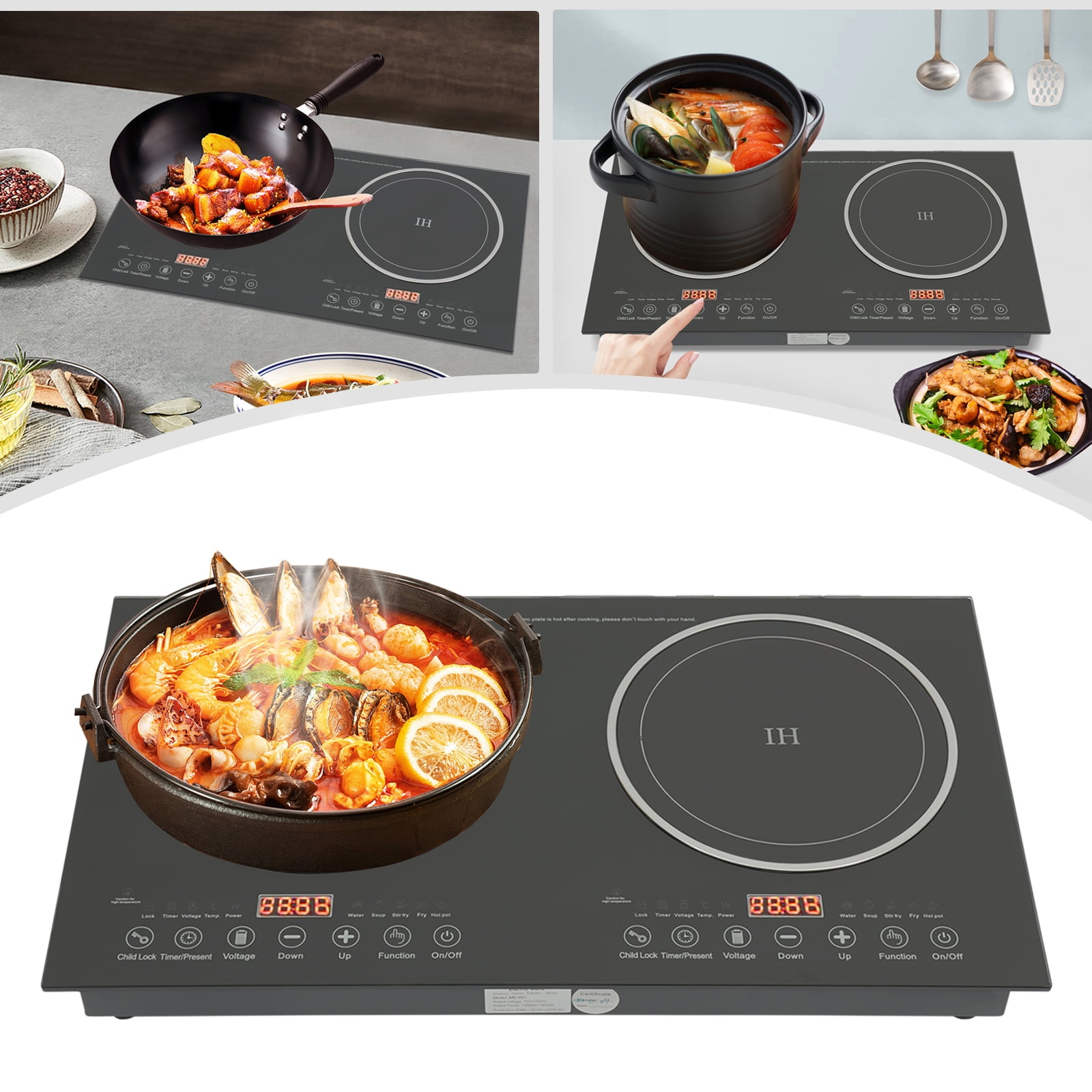 Double Induction Cooktop 2 Burner Independent Controls Cooker 110V Horizontal Electric Stove with Touch Sensor Child Safety Lock