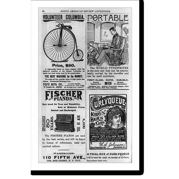 Historic Print, [Two pages of advertisements for Columbia bicycle, Portable typewriter, Fischer piano, Curlyqueue hair curlers, Huckins Soups, Durkee's spices, mustard, & salad dressing...18" x 24"