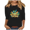thumbnail image 2 of LEKWK Vacation Tops for Women Carnival Text Mardi Gras Shirts 3/4 Sleeve Graphic Tees Round Neck Colorful Feathers Festive Print Outfits, 2 of 5