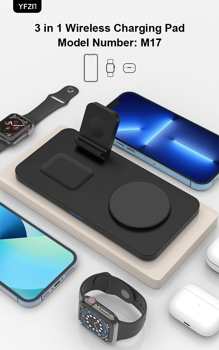 YFZN M17 Magnetic Wireless Charger for iPhone: 3 in 1 Travel Charging Station & Desk Accessory for Apple Devices for iPhone 16 15 14 13 12 Pro MaxPlus - Wireless Charging Pad for Apple Watch Series &
