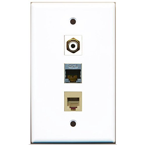 RiteAV - 1 Port RCA White and 1 Port Phone RJ11 RJ12 Beige and 1 Port Shielded Cat6 Ethernet Wall Plate