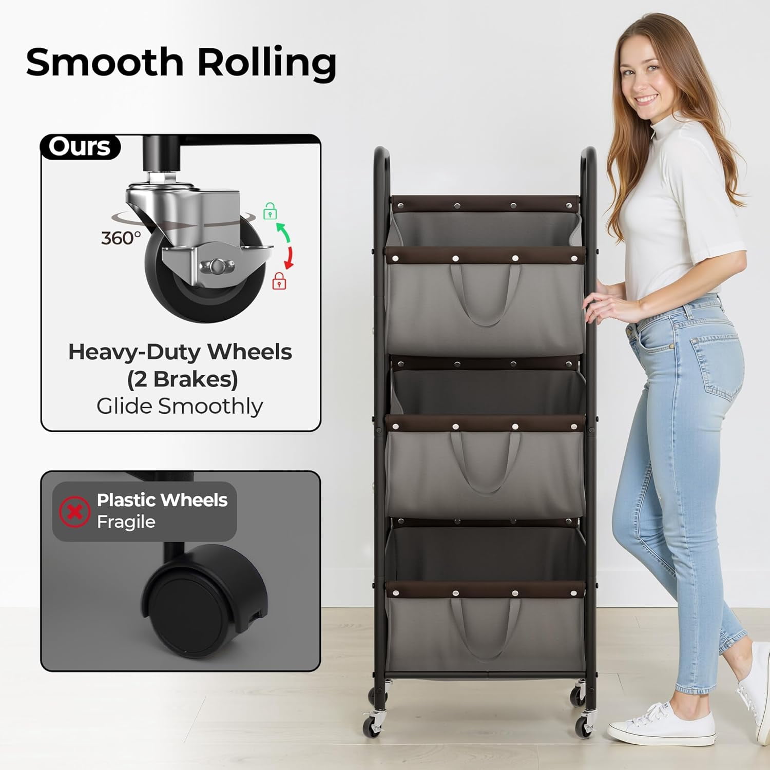 GRANNY SAYS 3 Tier Laundry Basket with Wheels, 120L Rolling Laundry Hamper Sorter, Metal Frame Laundry Organizer, 3 Bin Removable Bags, Gray