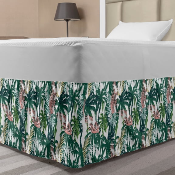 Palm Tree Bed Skirt, Dreamy Abstract Jungle Foliage Rainforest Growth with Double Exposure Effect, Elastic Bedskirt Dust Ruffle Wrap Around for Bedding Decor, 4 Sizes, Multicolor, by Ambesonne
