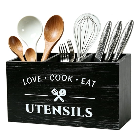 RYLZX Kitchen Utensil Holder with 3 Compartments, Rustic Wooden Storage Organizer Box Vintage Cutlery Farmhouse Flatware Utensil Caddy Countertop for Silverware Fork Spoon Spatula