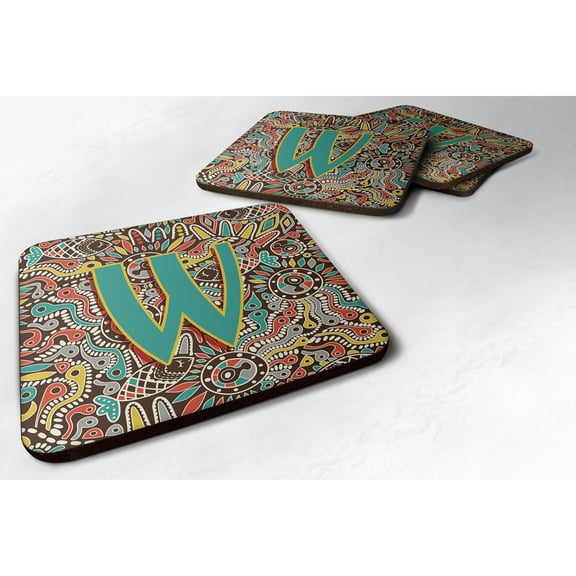 Letter W Retro Tribal Alphabet Initial Foam Coaster Set of 4