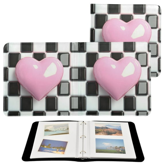 Leather Cover Photo Album 80 Pockets 4x6 Photos Bookshelf Picture Album Pink Heart on Checkered
