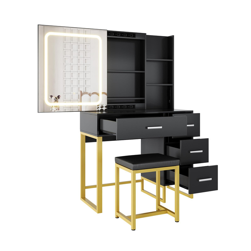 Coiffeuse Avec Miroir LED Et 3 Tiroirs - Table De Maquillage Compacte Pliable, Idéale Petites Chambres