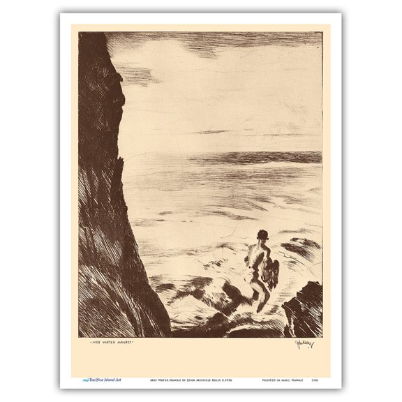 Moi Water Hawaii - Throw Net Fisherman - from Etchings and Drawings of Hawaiians - Vintage Drypoint Etching by John Melville Kelly c.1936 - Master Art Print (Unframed) 9in x 12in