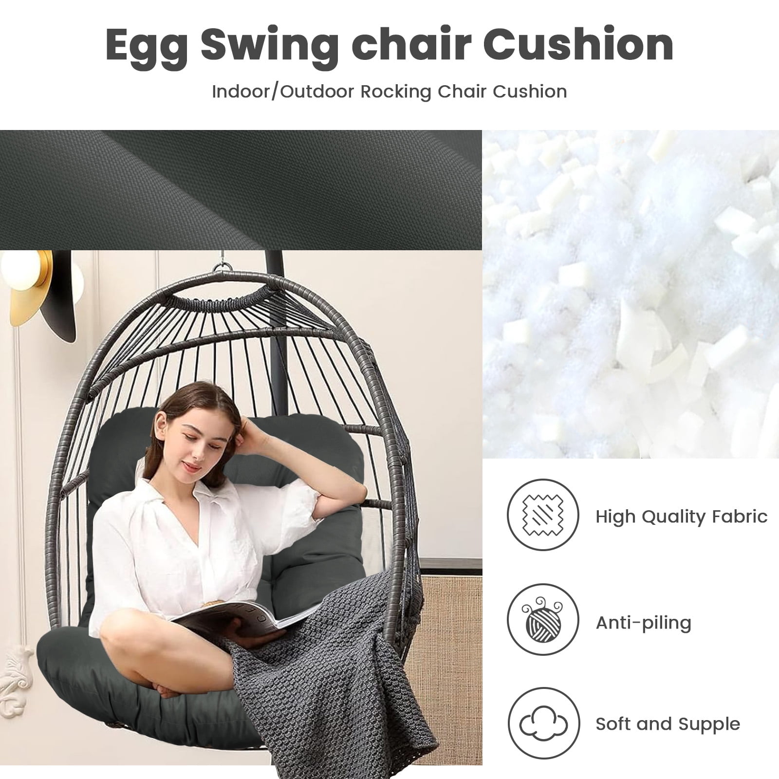 Egg Chair Cushion Replacement, Waterproof Hanging Basket Seat Cushion, U-Shape Swing Chair Cuhsion 37x49 Inches for Indoor Outdoor Patio Porch Furniture (Only Cushion)