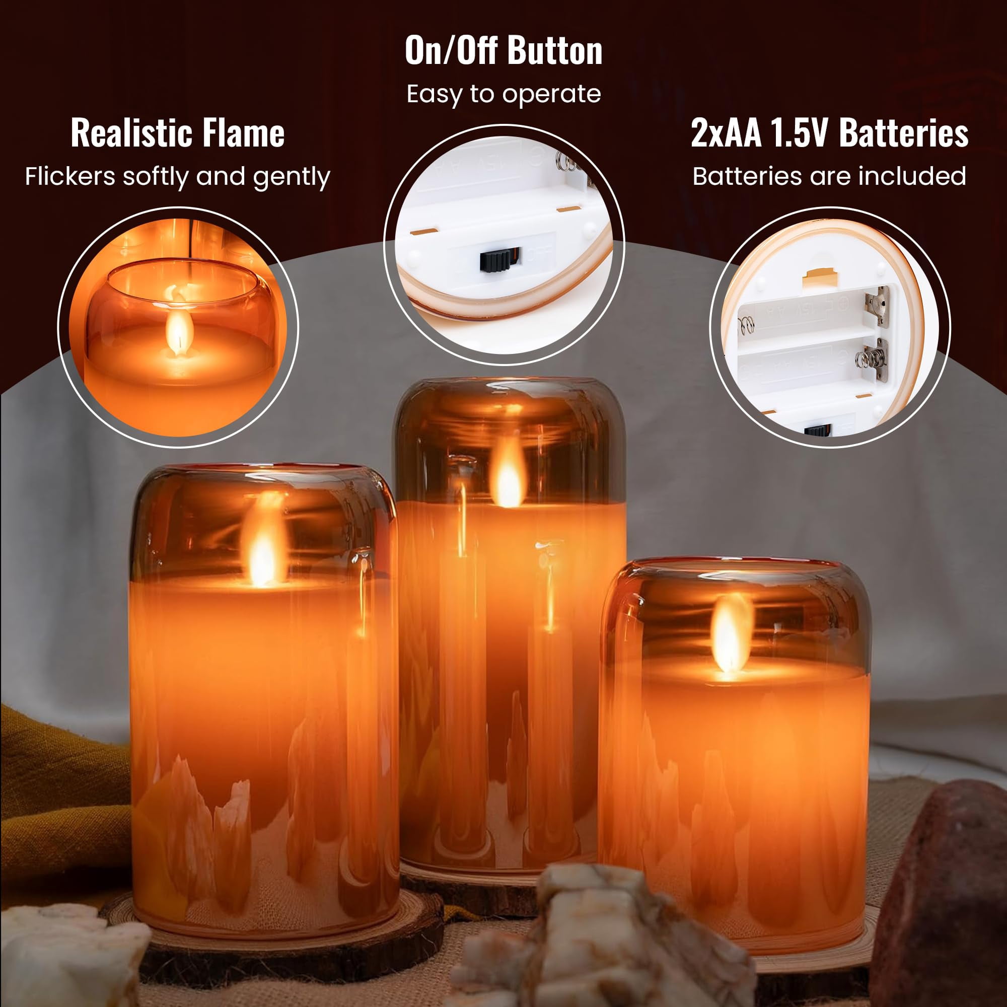 WYZworks LED Mirrored Glass Round Hurricane Pillar Flameless Candles, Real Wax Realistic Wick Flickering Flame, Battery Operated (Included), Remote & Timer (Set of 3, Gold Tinted Metallic)