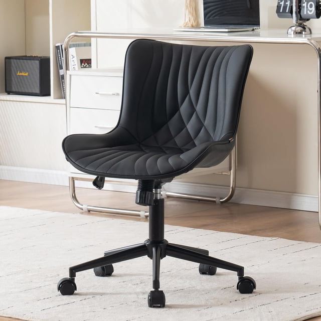 Home Office Desk Chair with Comfy Back Ergonomic Modern Faux Leather Swivel Rolling Task Computer Chair with Wheels Armless Adjustable Vanity Chair for Study Sewing Drafting