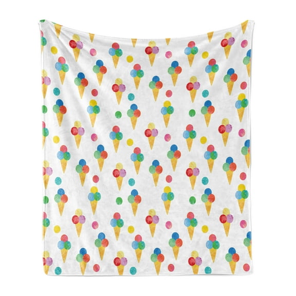Ice Cream Soft Flannel Fleece Blanket, Yummy Refreshments of Summertime Triple Scoops on Waffle Cones with Grungy Look, Cozy Plush for Indoor and Outdoor Use, 50" x 60", Multicolor, by Ambesonne