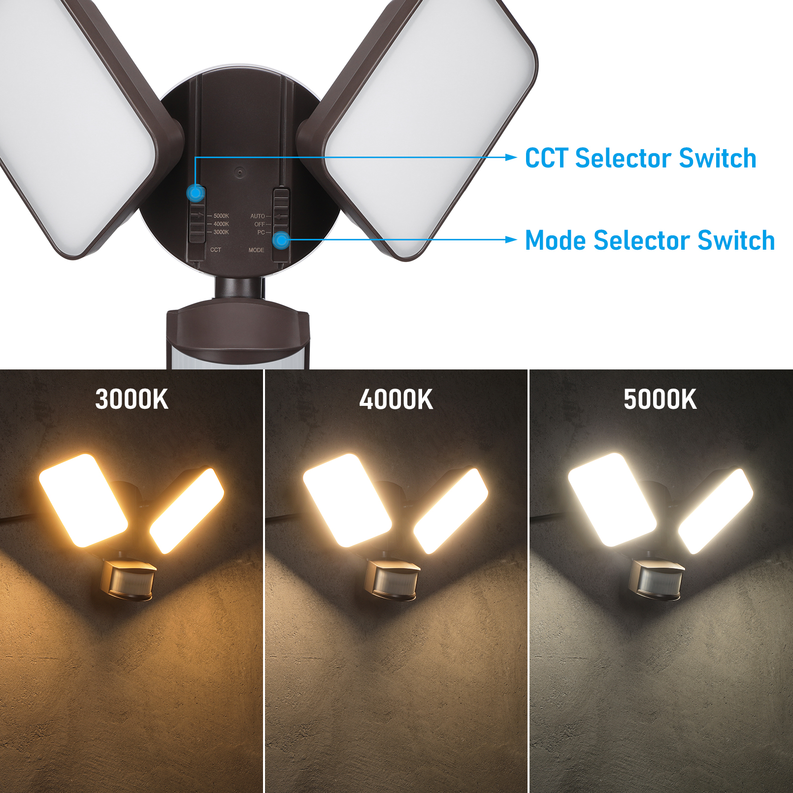 4 Pack 25W 3CCT Dual Head Plug-in LED Security Light, Motion Sensor & Dusk to Dawn Floodlight, 3 Lighting Modes, 3000K/4000K/5000K Selectable, ETL&FCC Listed, Bronze