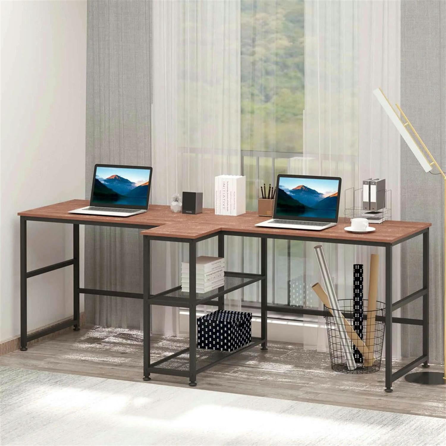 Demi Bonn Modern 2 Person Office Desk with 2 Storage Shelves, Home Computer Desk for Living Room, Office, Study, Writing Table PC Desks, Brown