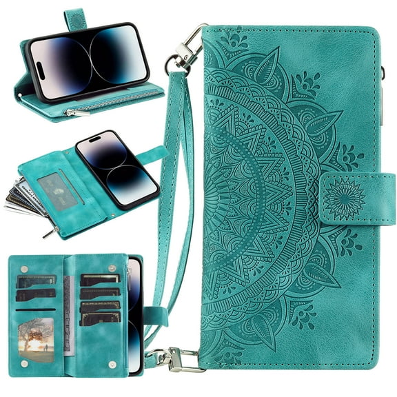 Mantto Crossbody Case for Moto G Play 4G 2024,Embossed Pattern PU Leather Zipper Pocket Magnetic Flip Holder ID Credit Card Slots Wallet Phone Case with Detachable Shoulder Strap,Green