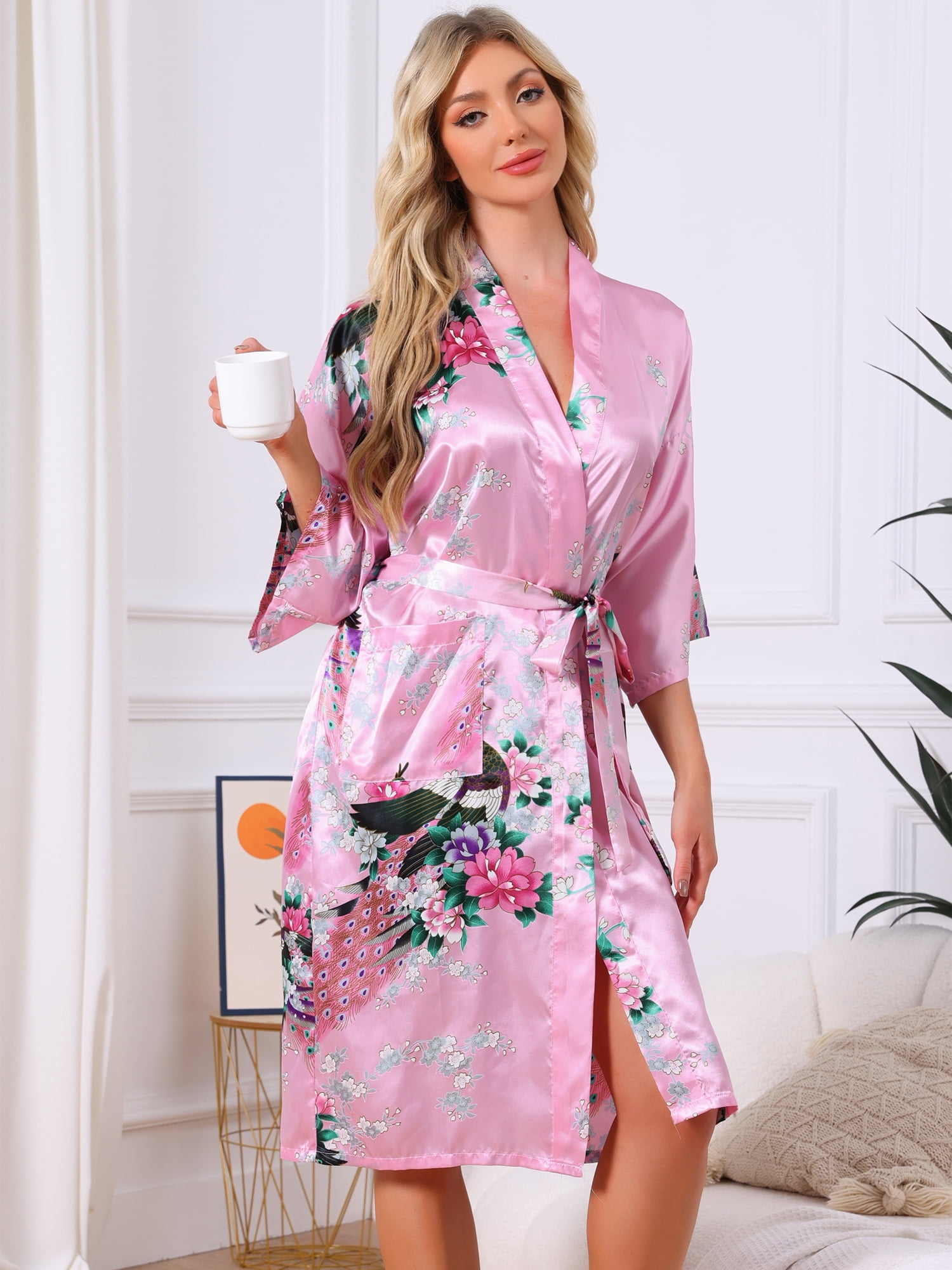 DARING DIVA Women's Satin Floral V-Neck 3/4 Sleeve Peacock Print Nightgown S Pink