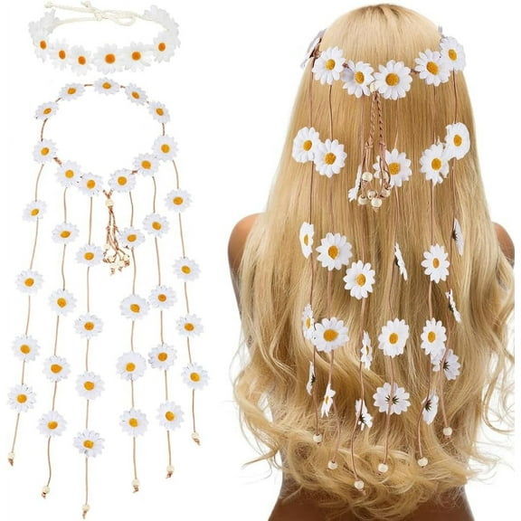 2 Styles Daisy Flower Crown Headbands Floral Boho Crown with Tassel White Hair Wreath Headbands Adjustable Headpiece Hair Accessories for Women Girls Bridal Prom Wedding Party White