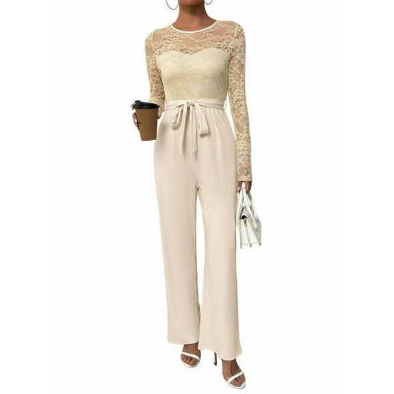 Women'S Lace Patchwork Round Neck Long Sleeve Formal Jumpsuit Solid Color Casual One-Piece Pants S