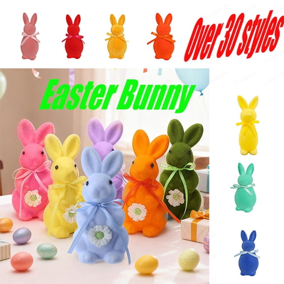 LSLJS Easter Bunny Flocked Figurines with Bow Ties, Easter Bunny Decorations Spring Table Rabbit Centerpieces Ornament, Easter Decorations for Spring Home Office Table Supplies Decor