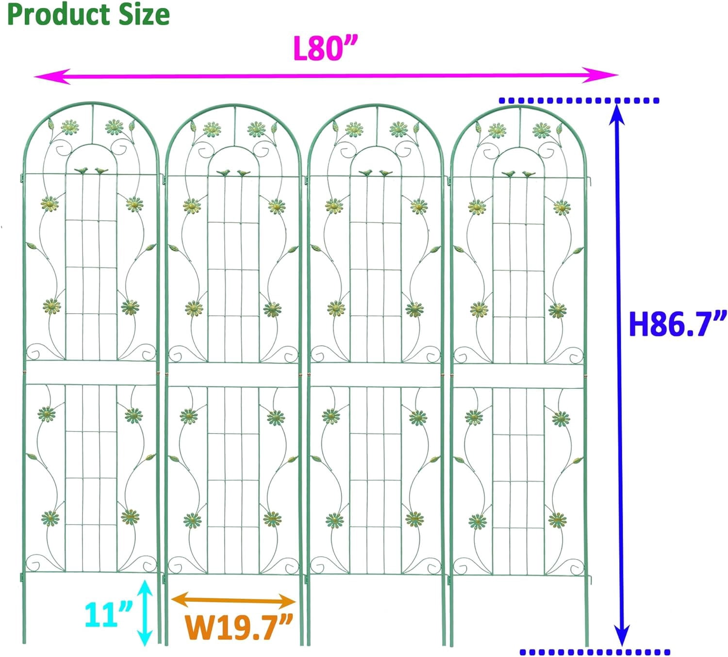 4 Pack Large Garden Trellis 86.7" H x 19.7" W Heavy Duty Rustproof Green Iron Plant Trellis for Potted Plant Support Metal Climbing Rose Trellis Vine Vegetable Cucumber