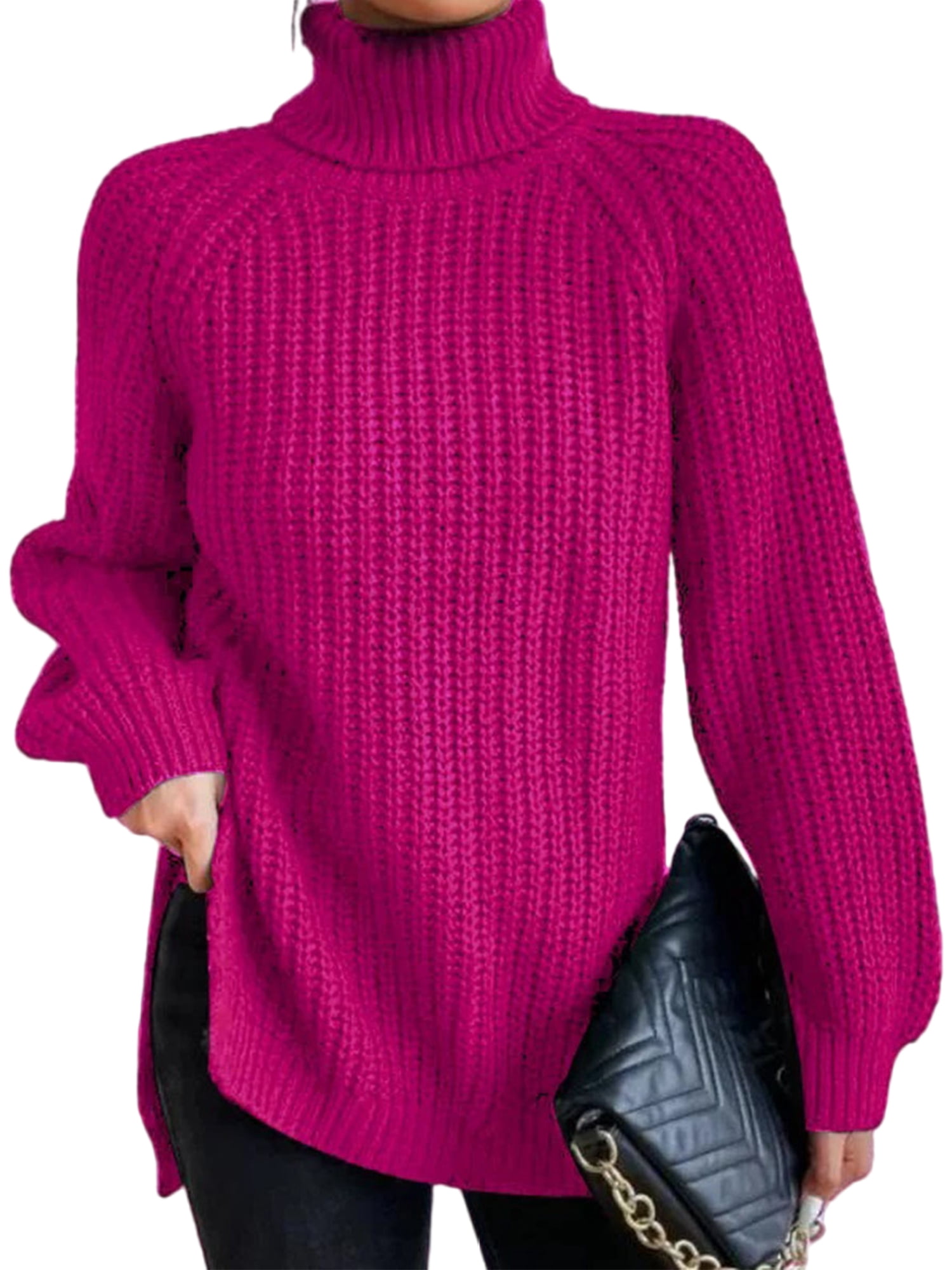 Innerwin Chandails à Col Roulé pour Femmes Chandail de Travail Manches Longues Ample Tricoté Rose Rouge 2TG
