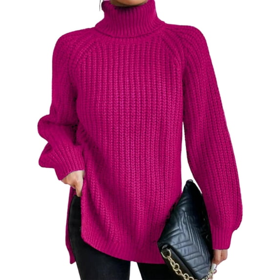 Capreze Women Sweater Turtleneck Jumper Tops Chunky Knit Knitted Sweaters Knitwear Pullover Long Sleeve Rose Red M