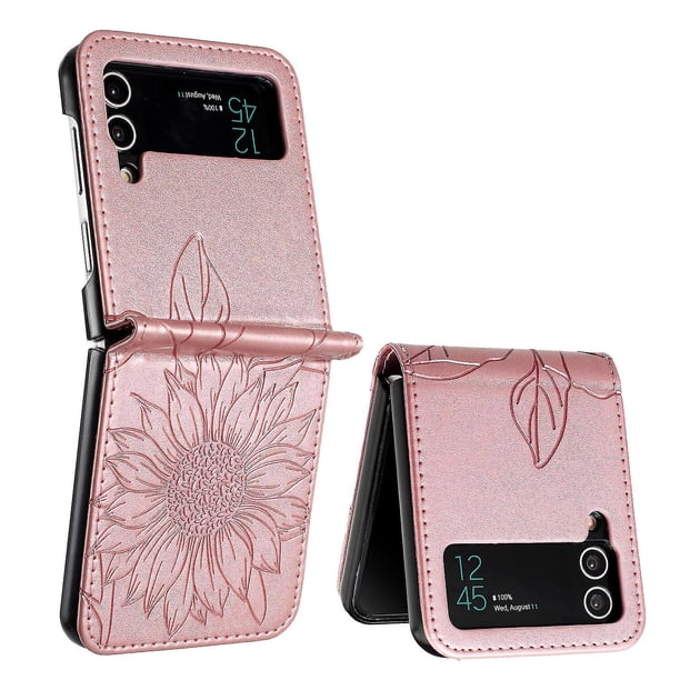 Funda tipo cartera con girasoles grabados para Samsung Z Flip 3: elegante, multifuncional y con protección total.
