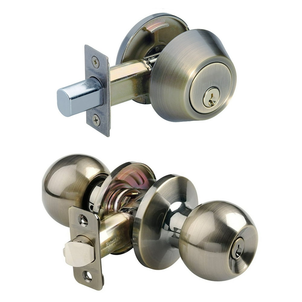 Single Cylinder Deadbolt Entrance Entry Door Knob Lock Combo Set Bronze